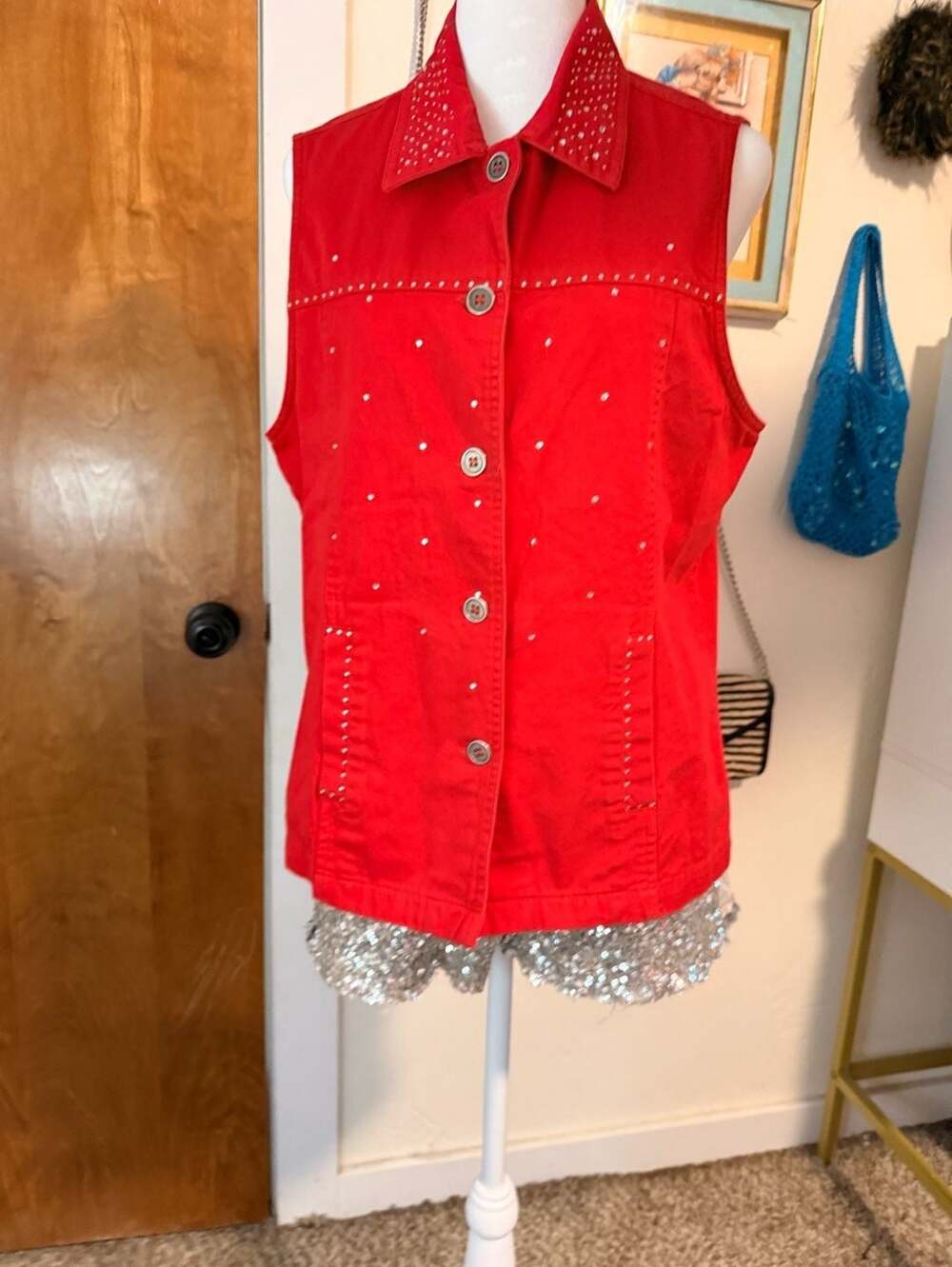 Color Creations Red Rhinestone Embellished Denim Vest Size S